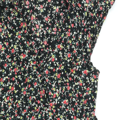 Carbon Pink Womens Black Floral Cotton Mini Size 14 V-Neck Zip - Belted Button Detail
