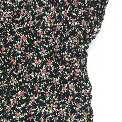 Carbon Pink Womens Black Floral Cotton Mini Size 14 V-Neck Zip - Belted Button Detail