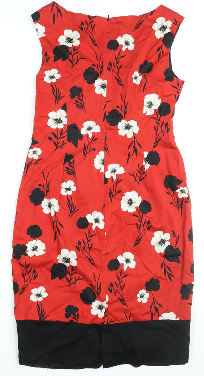 Solo Womens Red Floral Cotton Shift Size 12 Boat Neck Zip