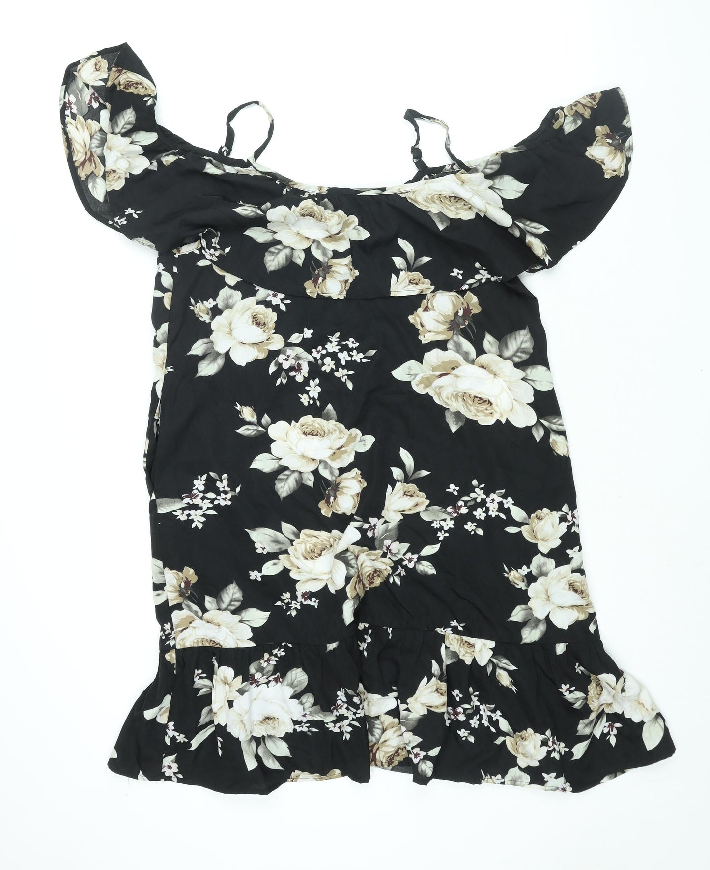 Sunnyme Womens Black Floral Polyester Shift Size L Scoop Neck Pullover - Frill Cold Shoulder