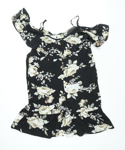 Sunnyme Womens Black Floral Polyester Shift Size L Scoop Neck Pullover - Frill Cold Shoulder