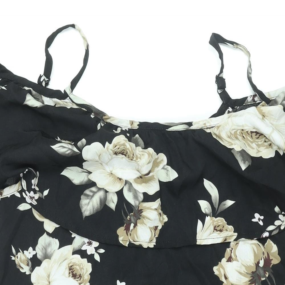 Sunnyme Womens Black Floral Polyester Shift Size L Scoop Neck Pullover - Frill Cold Shoulder