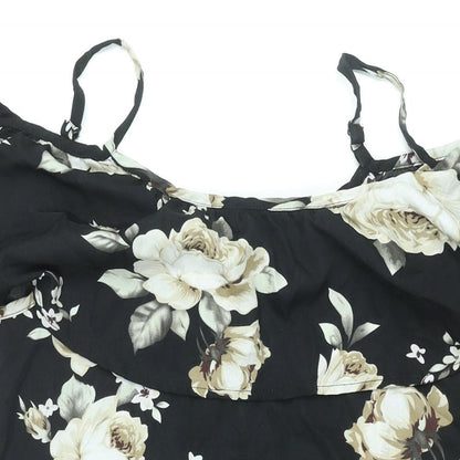 Sunnyme Womens Black Floral Polyester Shift Size L Scoop Neck Pullover - Frill Cold Shoulder