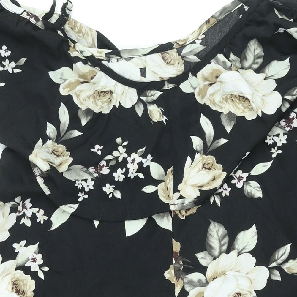 Sunnyme Womens Black Floral Polyester Shift Size L Scoop Neck Pullover - Frill Cold Shoulder