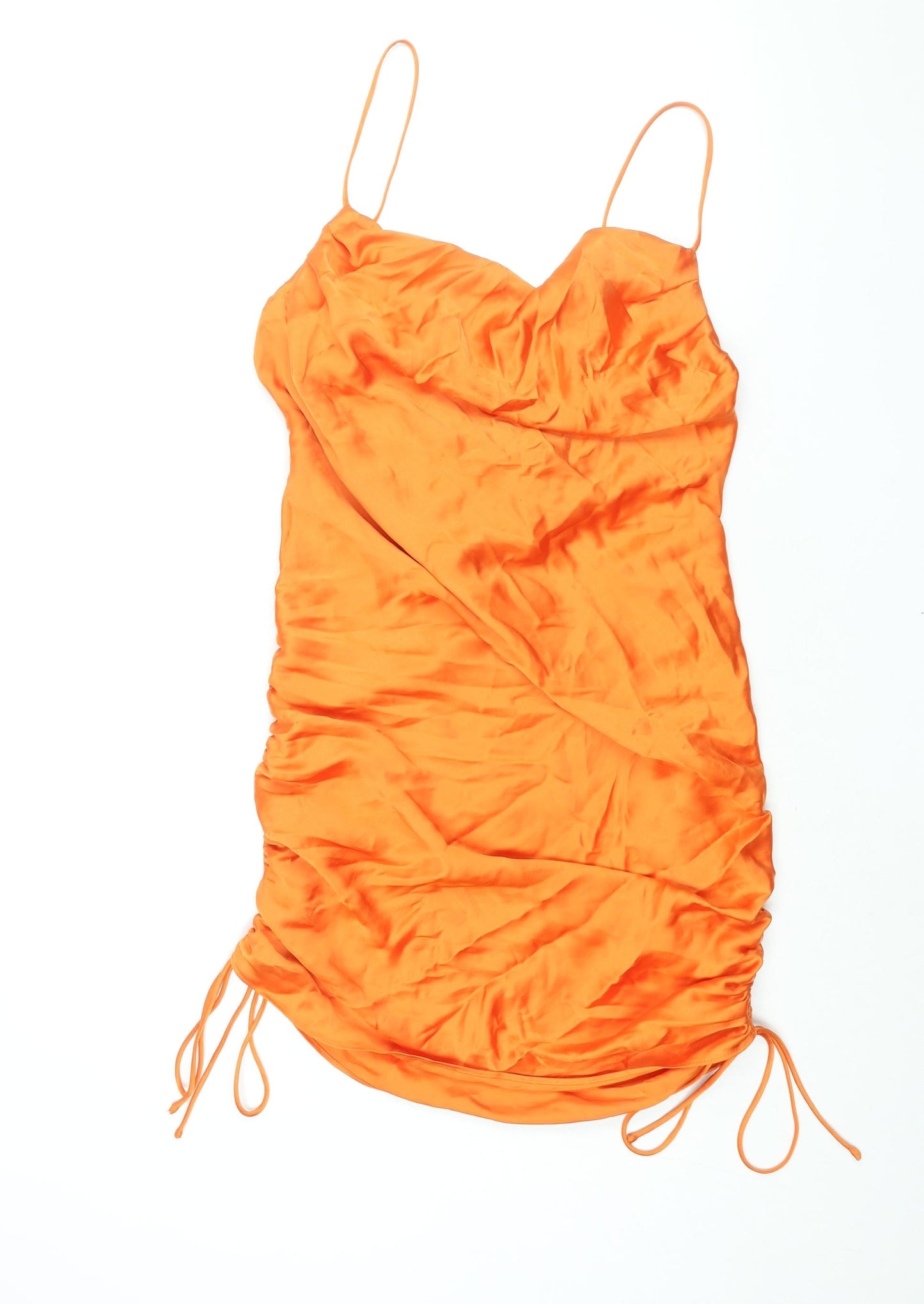 Zara Womens Orange Polyester Slip Dress Size L Cowl Neck Pullover - Drawstring Detail