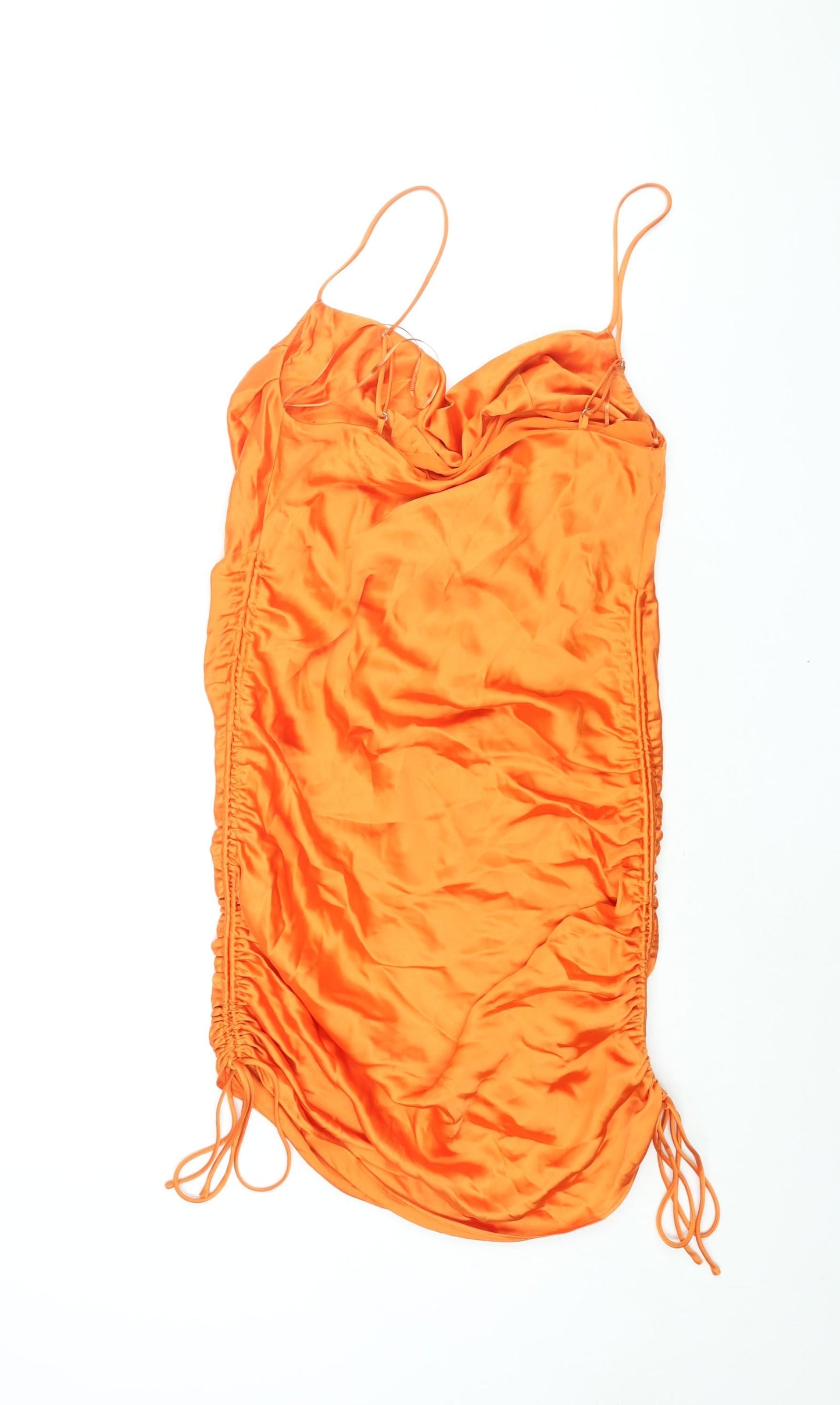 Zara Womens Orange Polyester Slip Dress Size L Cowl Neck Pullover - Drawstring Detail