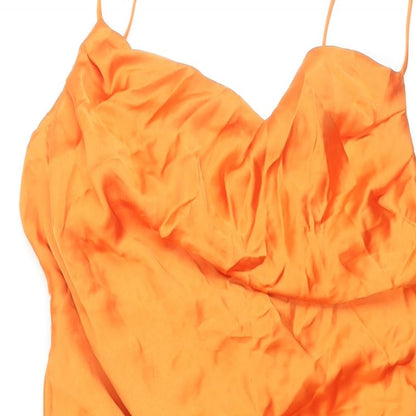 Zara Womens Orange Polyester Slip Dress Size L Cowl Neck Pullover - Drawstring Detail