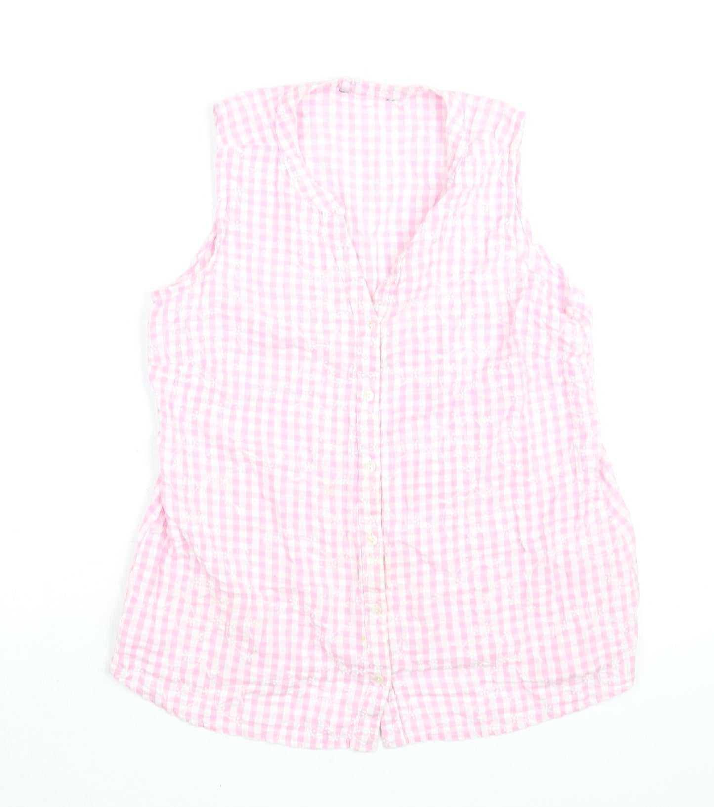 Bonmarché Womens Pink Check Cotton Basic Blouse Size 12 V-Neck
