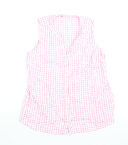 Bonmarché Womens Pink Check Cotton Basic Blouse Size 12 V-Neck