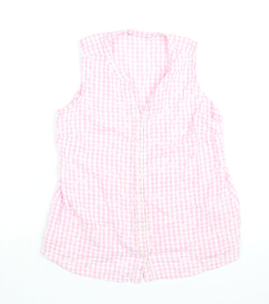 Bonmarché Womens Pink Check Cotton Basic Blouse Size 12 V-Neck