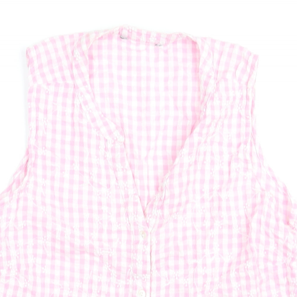 Bonmarché Womens Pink Check Cotton Basic Blouse Size 12 V-Neck