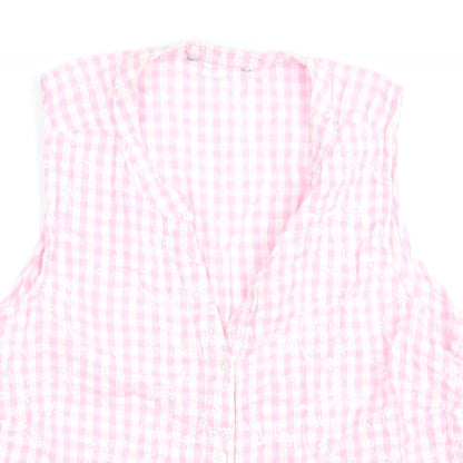 Bonmarché Womens Pink Check Cotton Basic Blouse Size 12 V-Neck