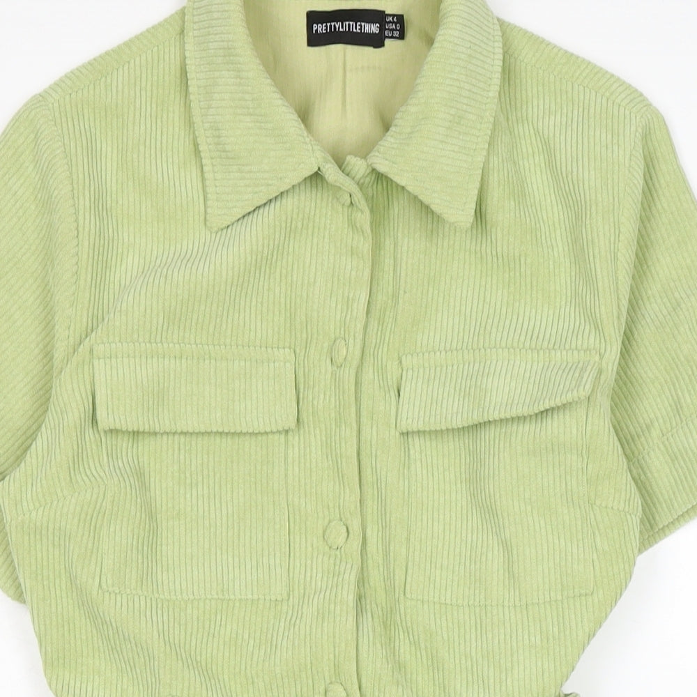 PRETTYLITTLETHING Womens Green Cotton Playsuit One-Piece Size 4 Button