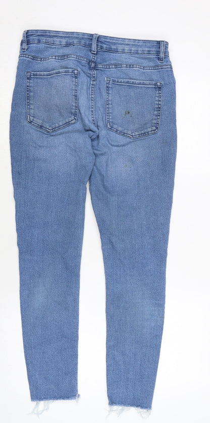 Marks and Spencer Womens Blue Cotton Blend Tapered Jeans Size 12 L25 in Regular Zip - Raw Hem