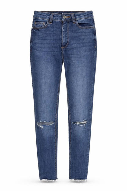 Front view of Denim & Co. women’s blue cotton blend tapered jeans, size UK 4, 23.5-inch leg regular zip - waist 20in.