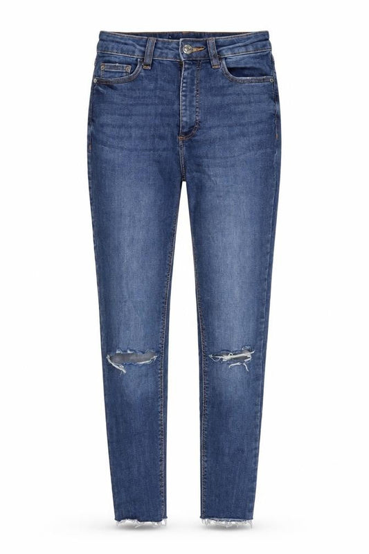 Front view of Denim & Co. women’s blue cotton blend tapered jeans, size UK 4, 23.5-inch leg regular zip - waist 20in.