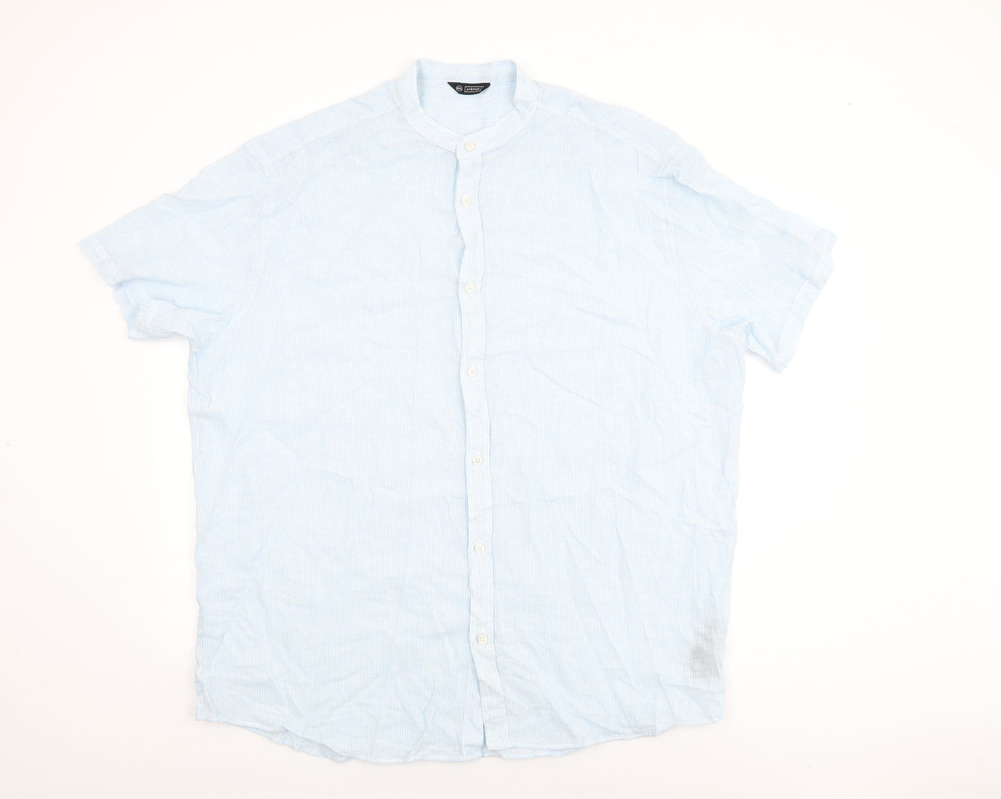 Avenue Mens Blue Striped Linen Button-Up Size 2XL Round Neck Button