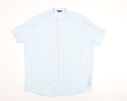 Avenue Mens Blue Striped Linen Button-Up Size 2XL Round Neck Button