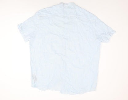 Avenue Mens Blue Striped Linen Button-Up Size 2XL Round Neck Button