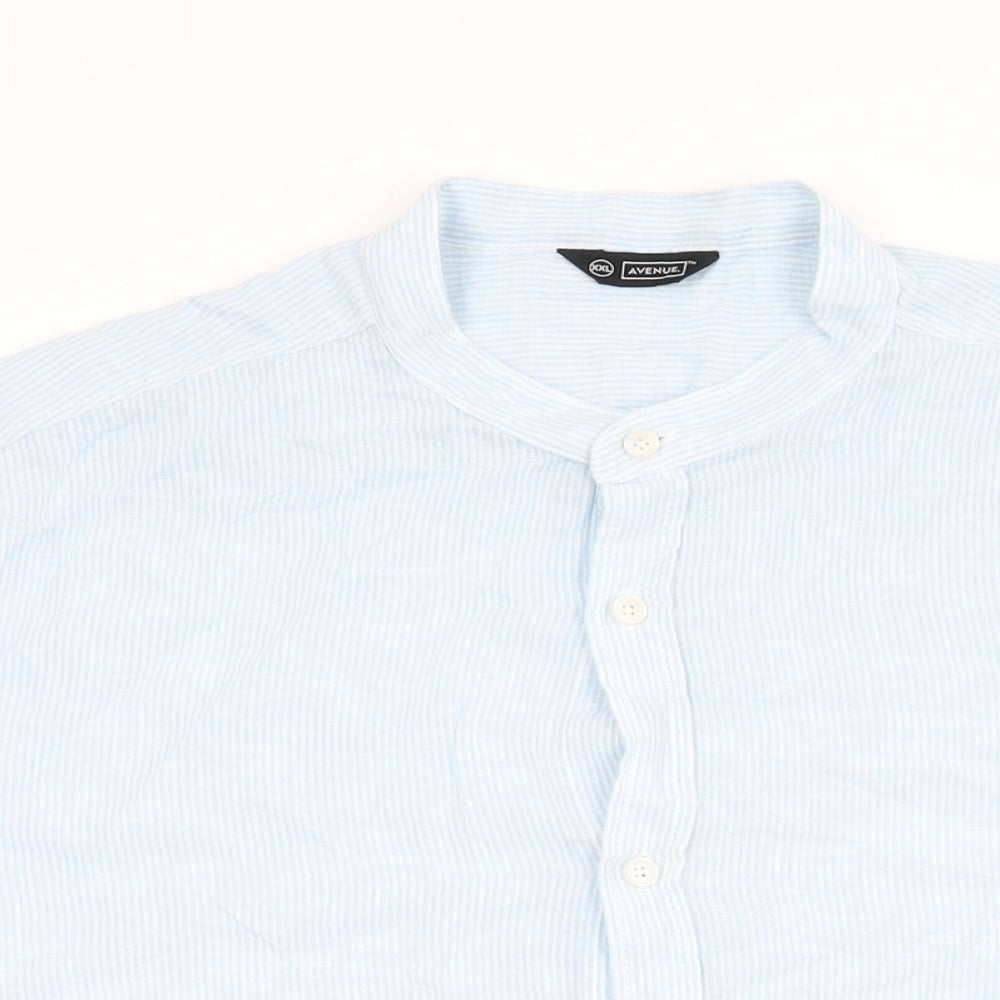 Avenue Mens Blue Striped Linen Button-Up Size 2XL Round Neck Button