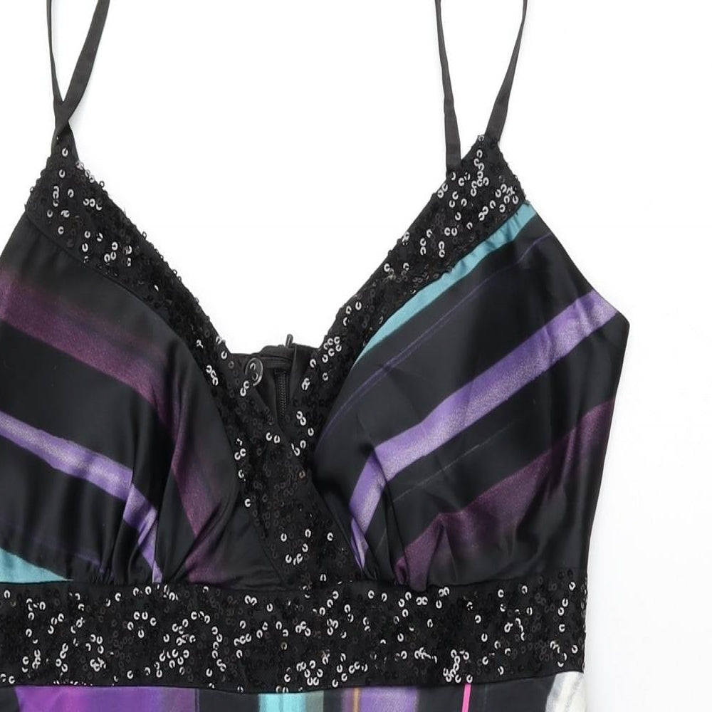 Julien Macdonald Womens Black Striped Polyester A-Line Size 10 V-Neck Zip