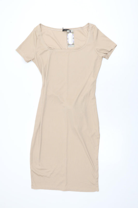 Boohoo Womens Beige Polyester Bodycon Size 14 Square Neck Tie
