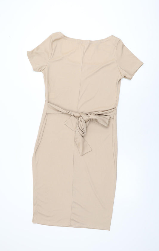 Boohoo Womens Beige Polyester Bodycon Size 14 Square Neck Tie