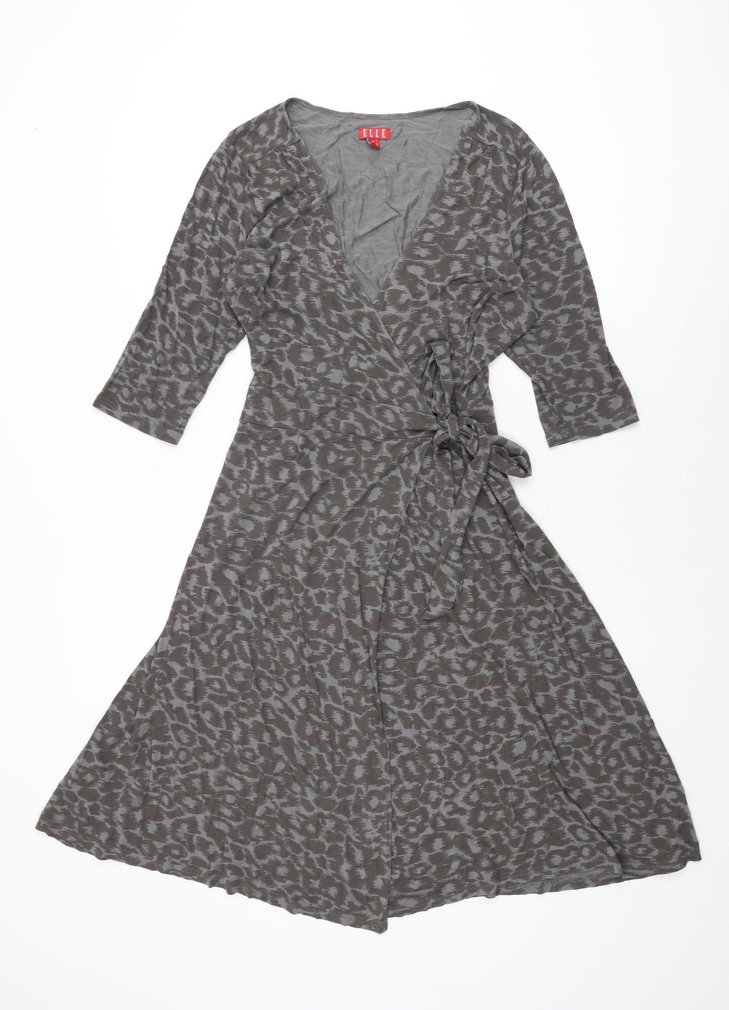 ELLE Womens Grey Animal Print Viscose Wrap Dress Size 16 V-Neck Tie