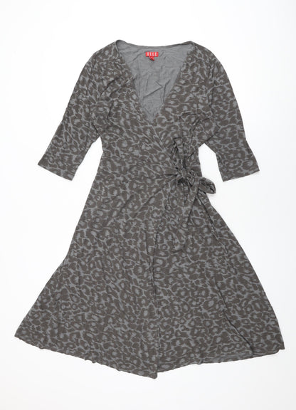 ELLE Womens Grey Animal Print Viscose Wrap Dress Size 16 V-Neck Tie