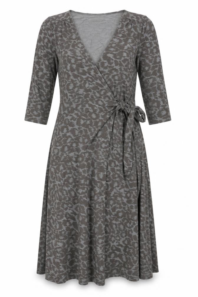 Front view of ELLE women’s grey animal print viscose wrap dress, size UK 16, v-neck tie