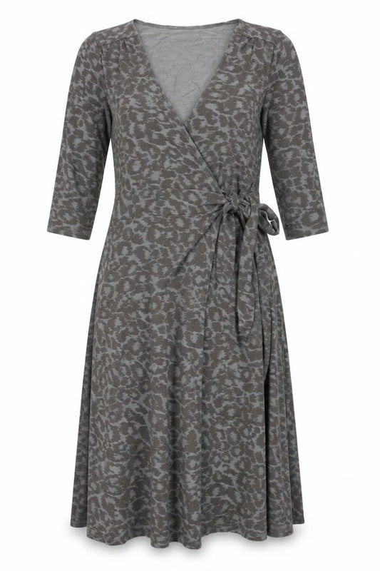 Front view of ELLE women’s grey animal print viscose wrap dress, size UK 16, v-neck tie