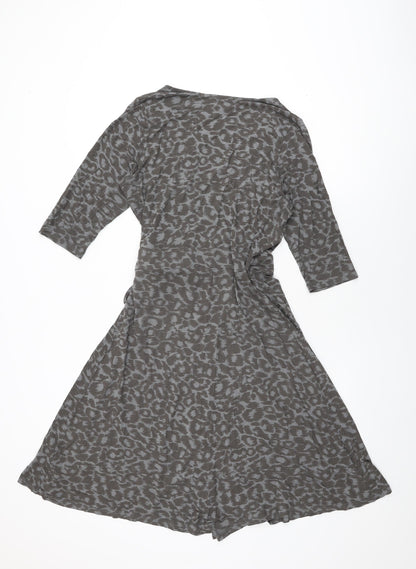 ELLE Womens Grey Animal Print Viscose Wrap Dress Size 16 V-Neck Tie