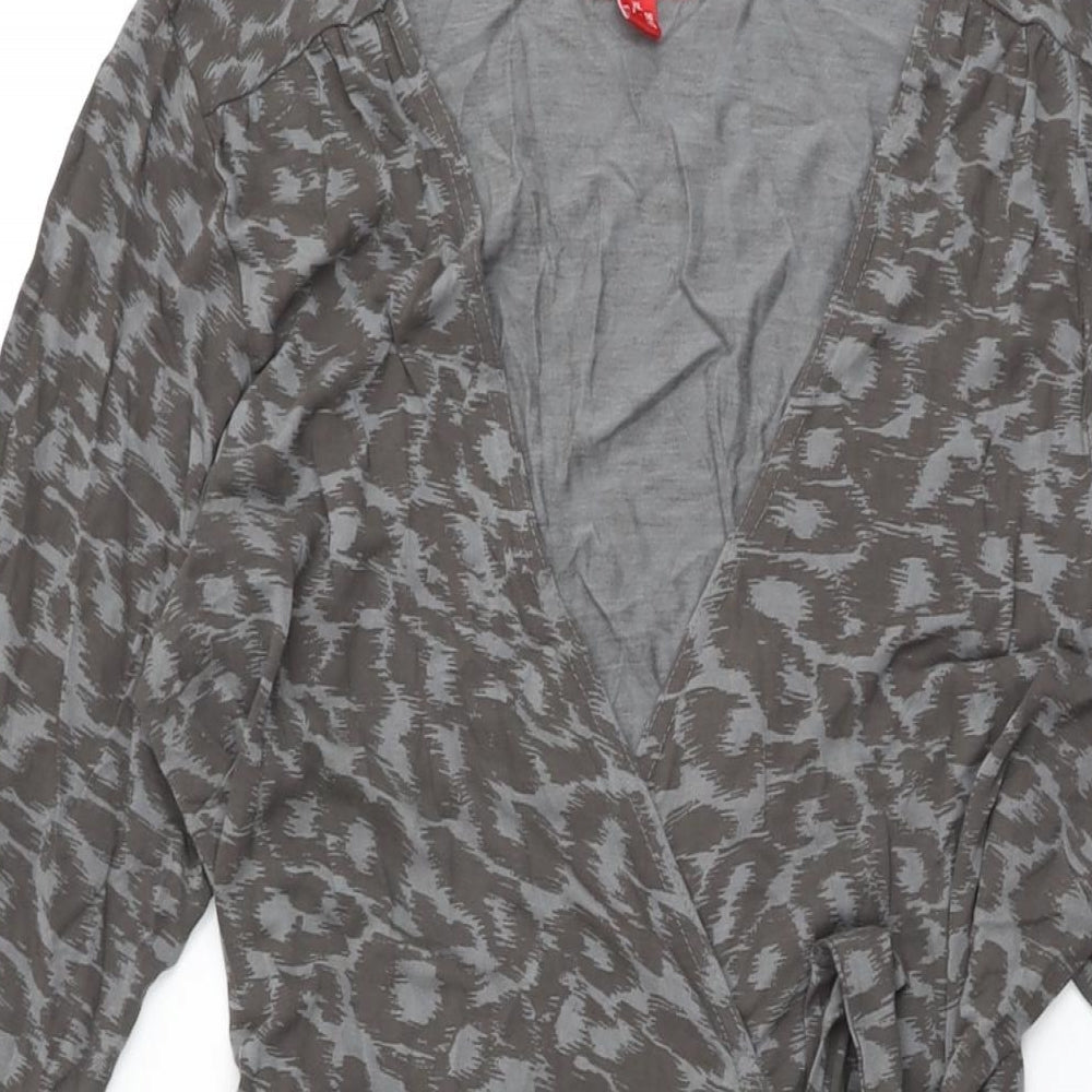 ELLE Womens Grey Animal Print Viscose Wrap Dress Size 16 V-Neck Tie