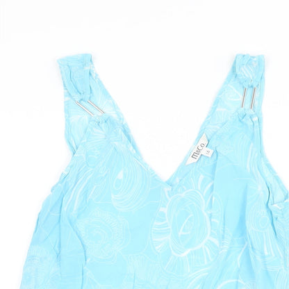 M&Co Womens Blue Floral Viscose Basic T-Shirt Size 14 V-Neck