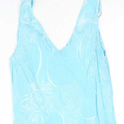 M&Co Womens Blue Floral Viscose Basic T-Shirt Size 14 V-Neck