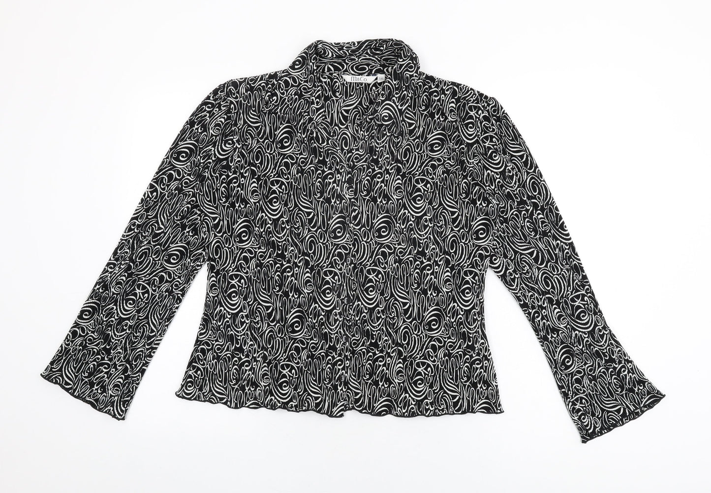 M&Co Womens Black Geometric Polyester Basic Button-Up Size 14 Collared