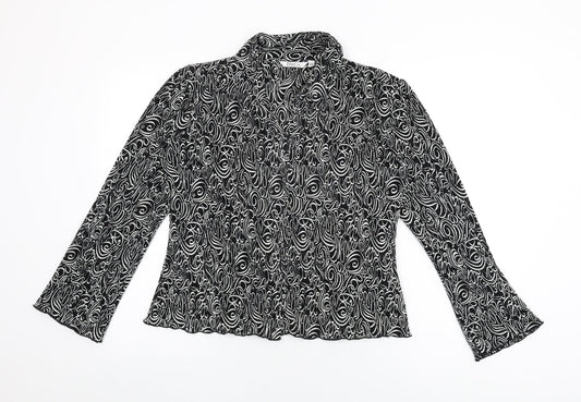 M&Co Womens Black Geometric Polyester Basic Button-Up Size 14 Collared