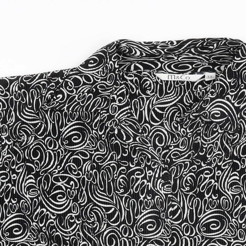 M&Co Womens Black Geometric Polyester Basic Button-Up Size 14 Collared