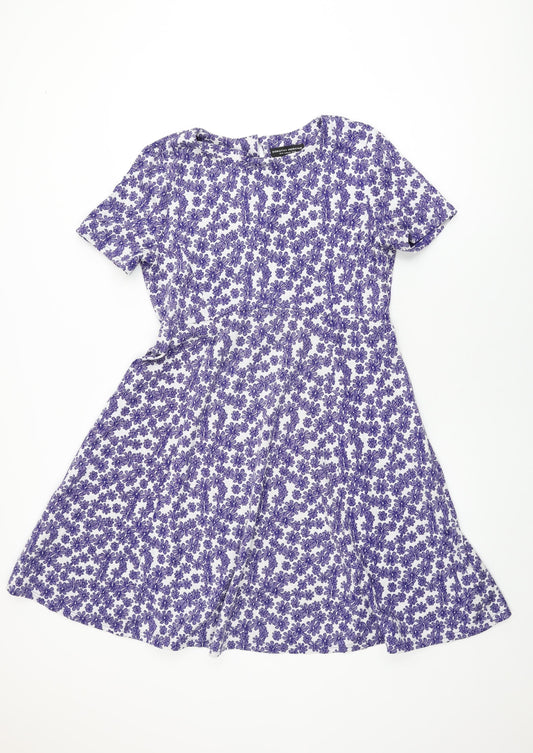 Dorothy Perkins Womens White Floral Polyester A-Line Size 14 Round Neck Button