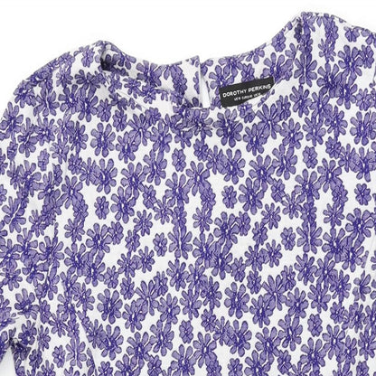 Dorothy Perkins Womens White Floral Polyester A-Line Size 14 Round Neck Button