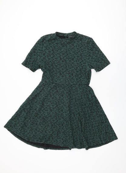Topshop Womens Green Floral Cotton Skater Dress Size 12 Round Neck Button
