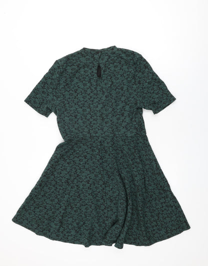 Topshop Womens Green Floral Cotton Skater Dress Size 12 Round Neck Button