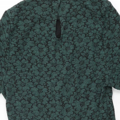 Topshop Womens Green Floral Cotton Skater Dress Size 12 Round Neck Button