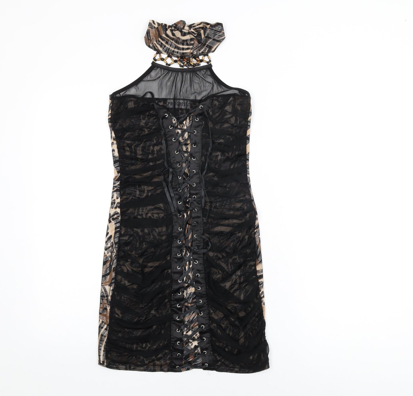 Progress Womens Black Animal Print Polyester Bodycon Size M Round Neck Tie