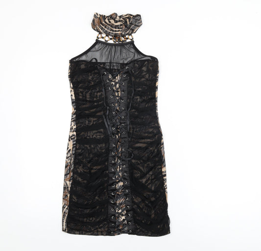 Progress Womens Black Animal Print Polyester Bodycon Size M Round Neck Tie