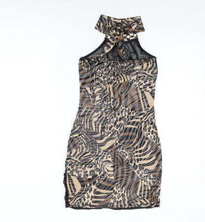 Progress Womens Black Animal Print Polyester Bodycon Size M Round Neck Tie