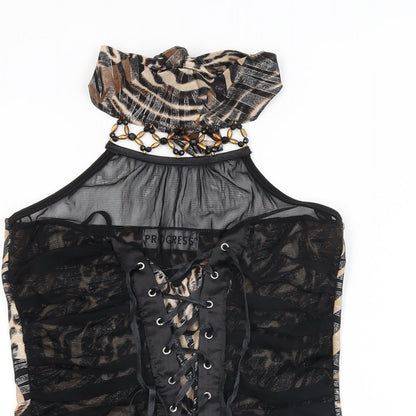 Progress Womens Black Animal Print Polyester Bodycon Size M Round Neck Tie