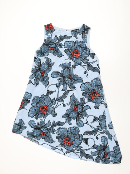 Luxe Womens Blue Floral Polyester Shift Size 14 Round Neck Button