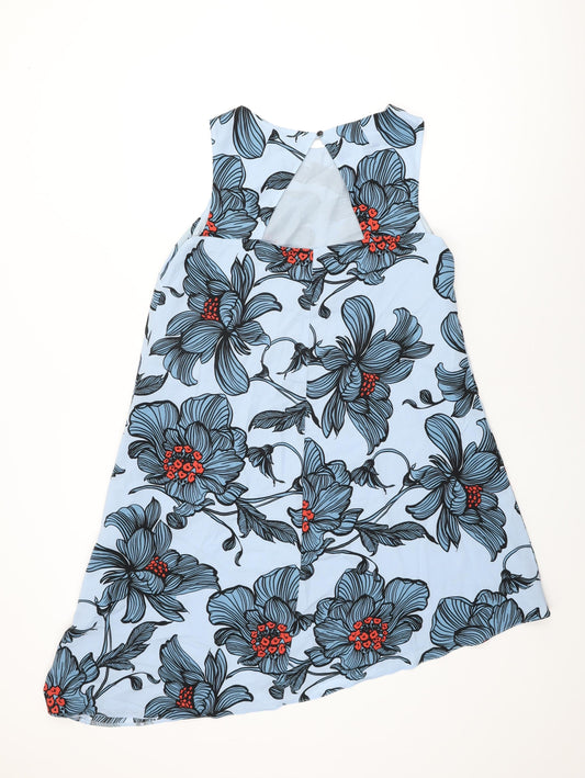 Luxe Womens Blue Floral Polyester Shift Size 14 Round Neck Button