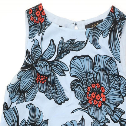Luxe Womens Blue Floral Polyester Shift Size 14 Round Neck Button